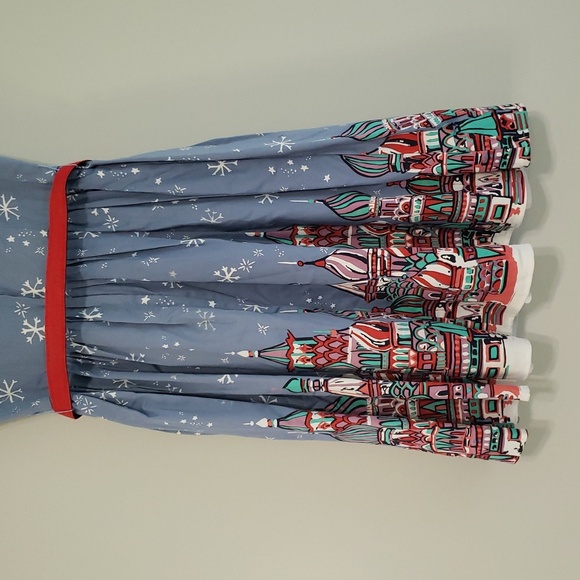 Modcloth Holiday Dress Medium Blue Red White Sleeveless Belt Snowflakes Winter - Picture 8 of 16
